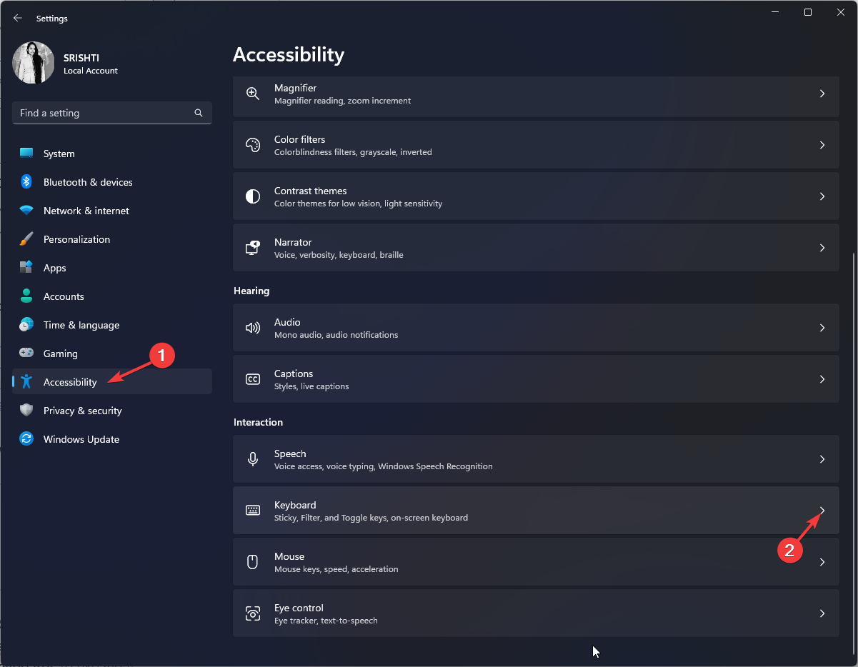 Параметры специальных возможностей — Клавиатура