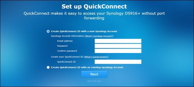 Экран настройки QuickConnect и создания учётной записи Synology