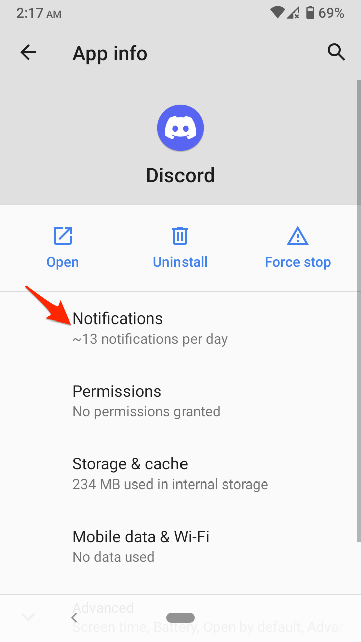 Раздел уведомлений приложения Discord на Android