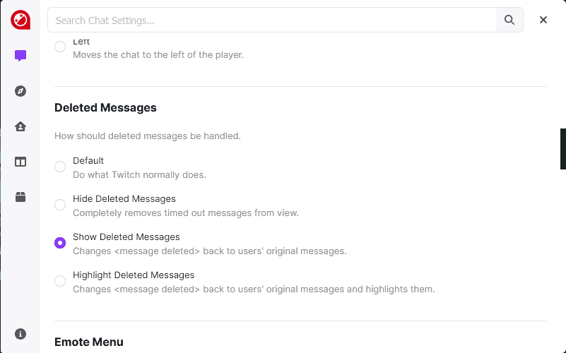 Настройки показа удалённых сообщений BetterTTV