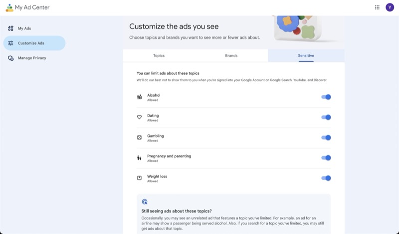 Настройки чувствительных тем в My Ad Center — скриншот