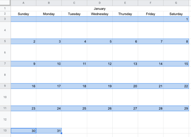 Закрасьте строки с номерами дат