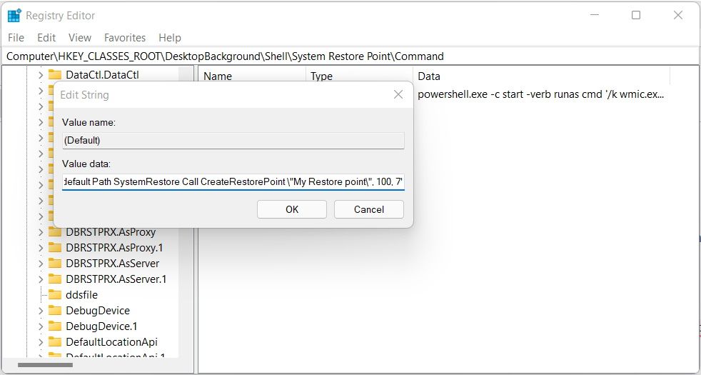 Добавление команды для создания точки восстановления в редакторе реестра.