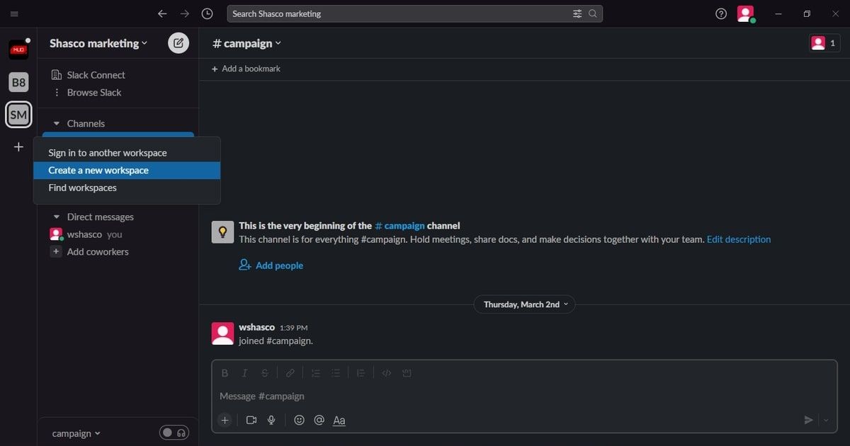 Скриншот Slack: создание рабочего пространства
