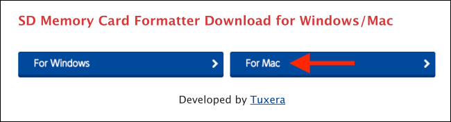 Выберите For Mac на странице загрузки SD Card Formatter