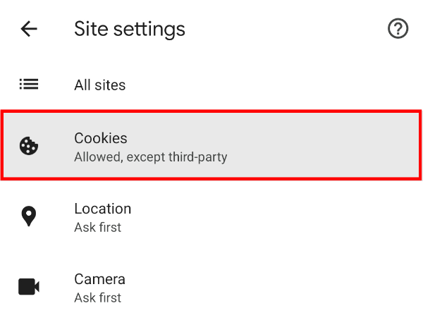 Выберите «Cookie» в настройках сайта.