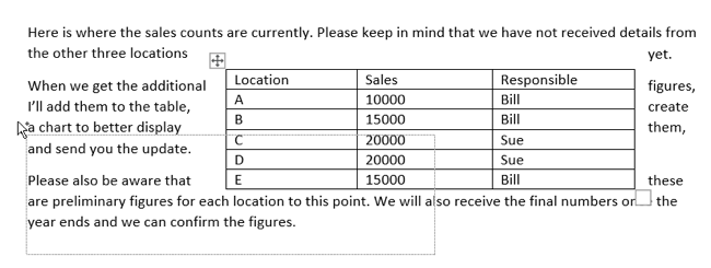 Перемещение таблицы внутри текста