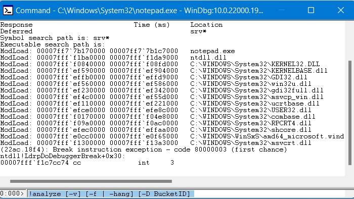 Скриншот ввода команды !analyze в WinDbg