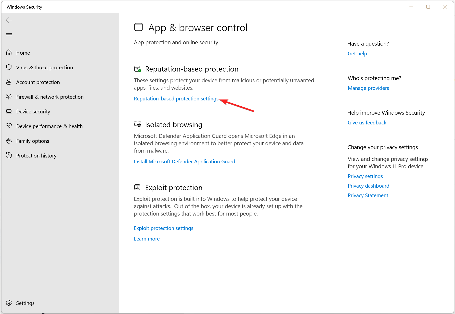 Captura de la pantalla de configuración de protección basada en la reputación