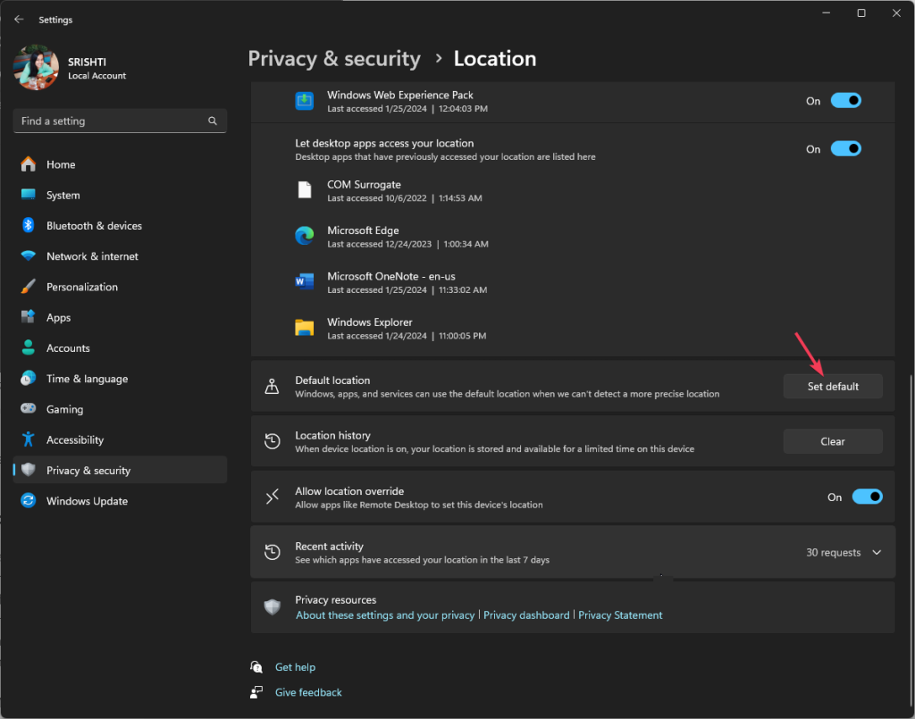 Кнопка Set default для установки местоположения по умолчанию