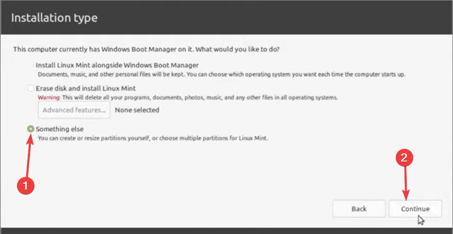 Выбор способа установки — меню 'Something else'
