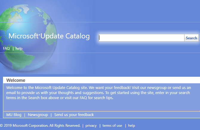 Домашняя страница Microsoft Update Catalog в современном браузере