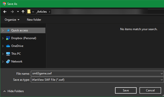 Окно сохранения SWF в Windows