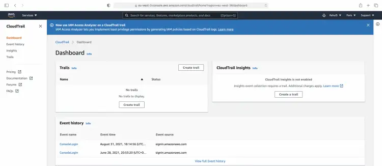 Дашборд CloudTrail с обзором