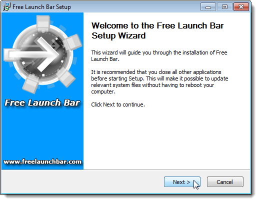 Экран приветствия мастера установки Free Launch Bar