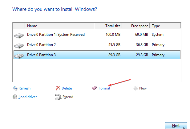 Окно параметров раздела с кнопкой Формат