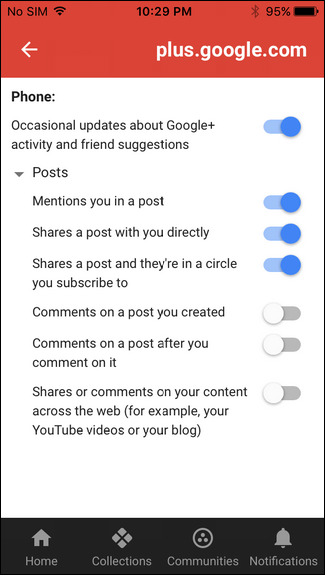 Подразделы уведомлений Google+ — почта и мобильные оповещения