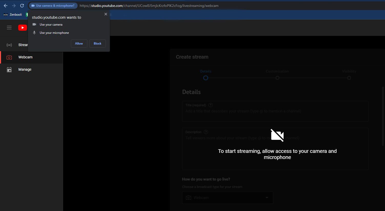 запрос доступа к камере и микрофону в YouTube