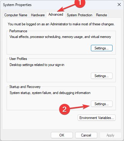 Свойства системы для настройки дампа памяти