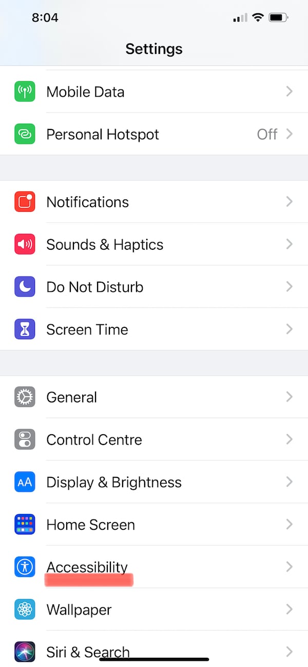 Меню Универсального доступа в Настройках iPhone