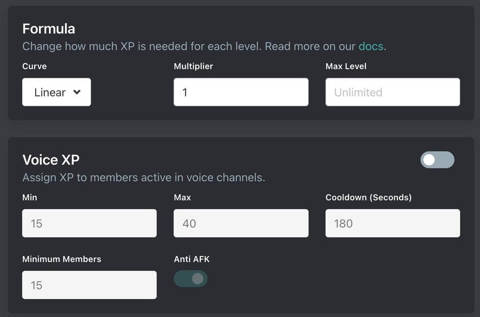 Панель настройки Leveling: тариф XP и награды ролями