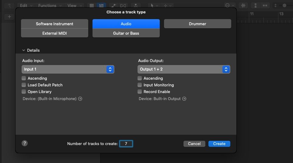 Меню добавления новых дорожек в Logic Pro