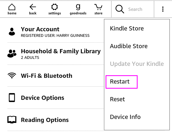 kindle restart option