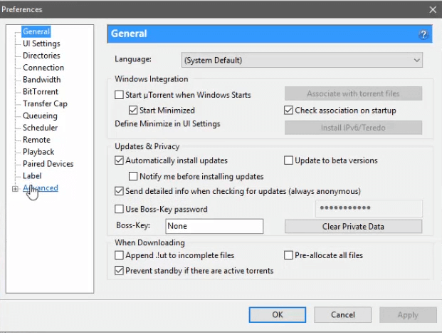 Окно настроек uTorrent