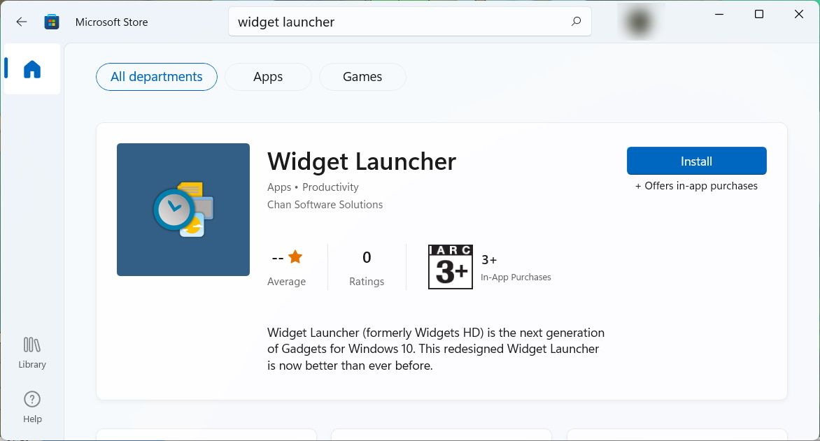 страница Widget Launcher в Microsoft Store на Windows 11