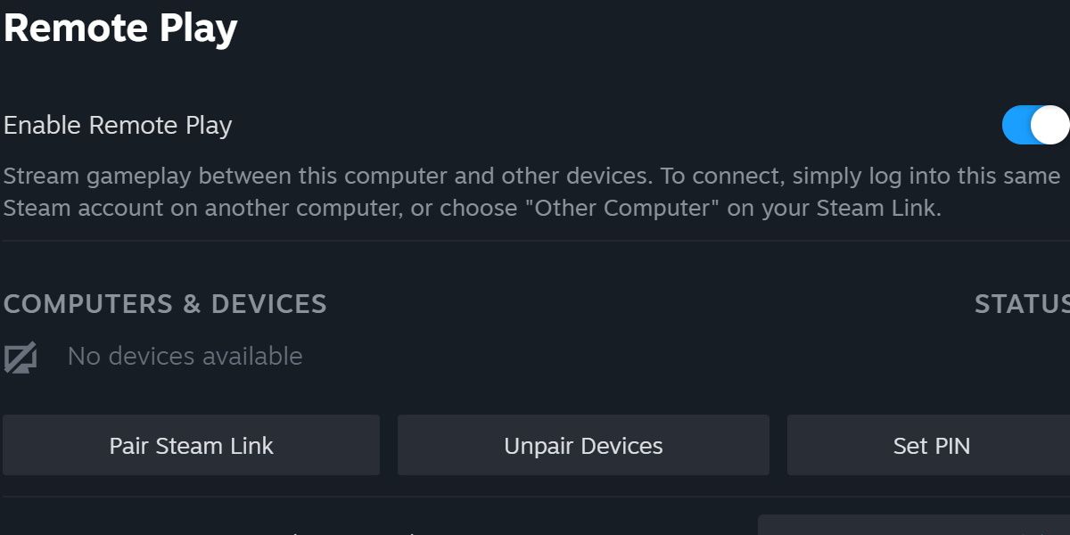 Скриншот: включён Steam Remote Play в настройках Steam