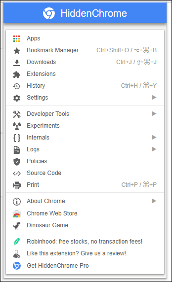 Интерфейс расширения HiddenChrome с упорядоченным списком страниц