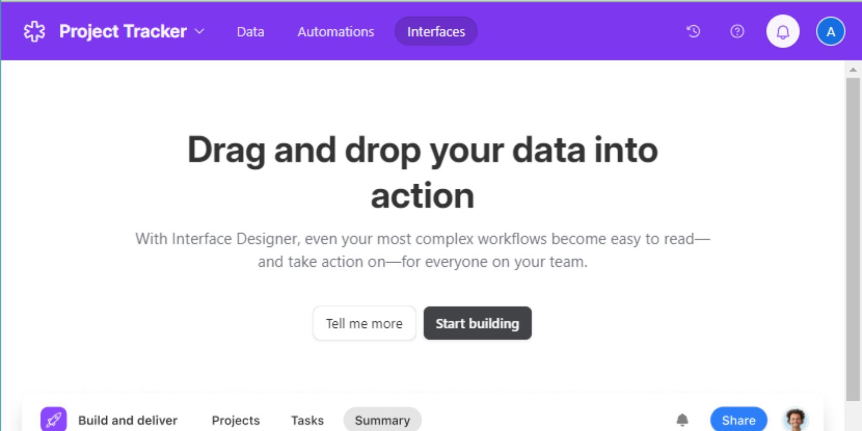 Скриншот Airtable: первая страница конструктора интерфейсов с выбором шаблона