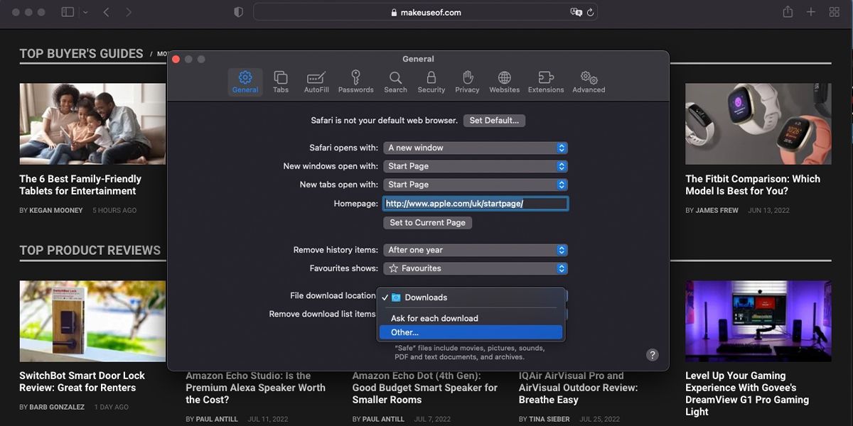 Настройки загрузок в Safari