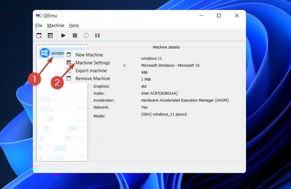Настройки машины в QTEmu