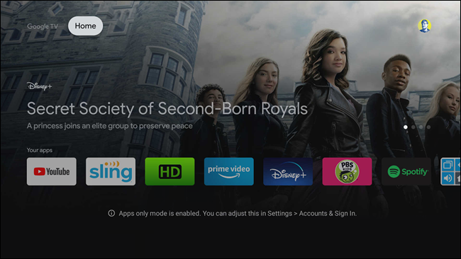 Home‑экран Google TV с видимым только списком установленных приложений