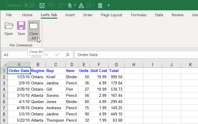 Custom tab with commands on the Excel ribbon