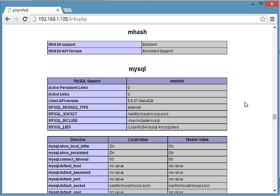 Список загруженных модулей PHP, включая MySQL