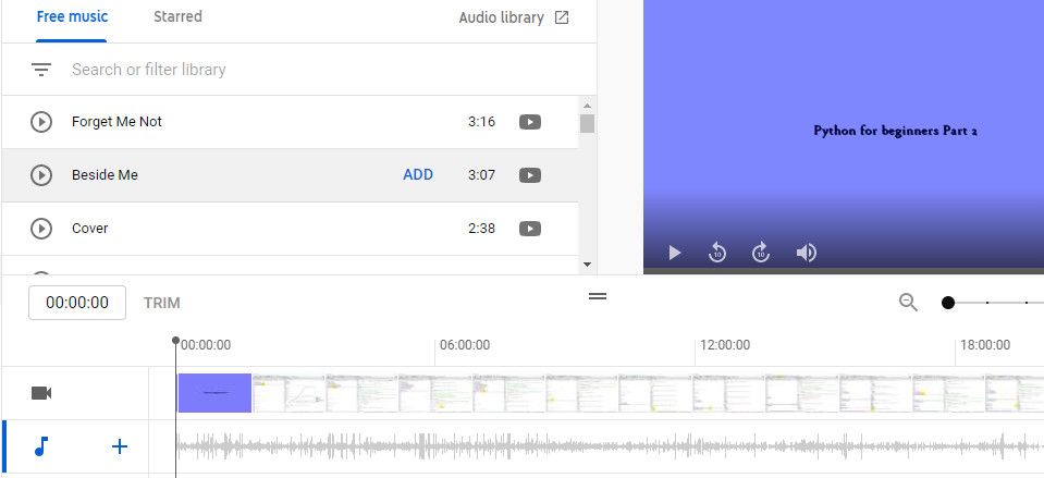 Выбор музыки из встроенной библиотеки YouTube