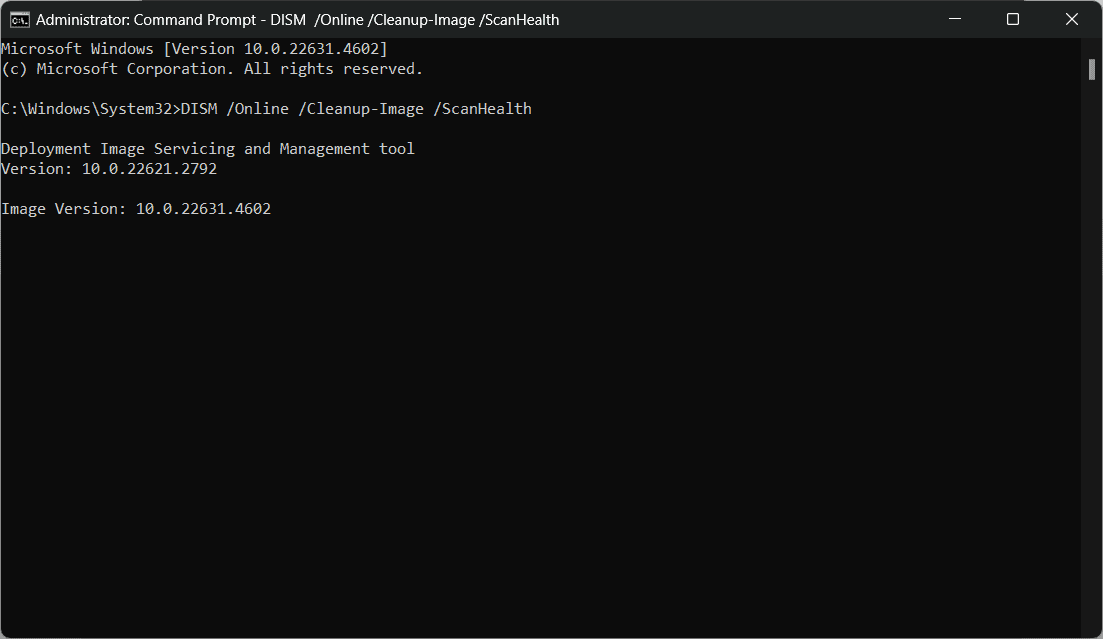 Запуск команды DISM /ScanHealth