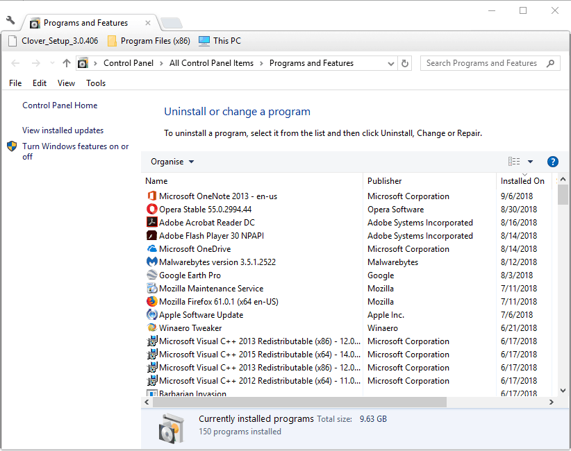 Окно программ и компонентов в Панели управления Windows