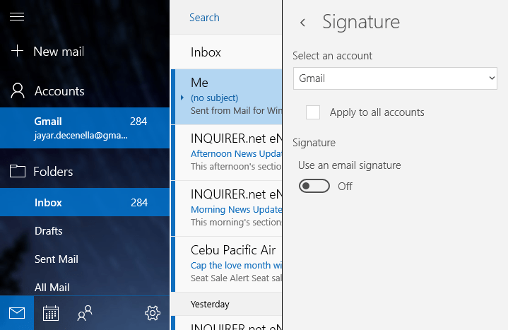 Скриншот переключателя для включения и выключения подписи в Почте Windows 10