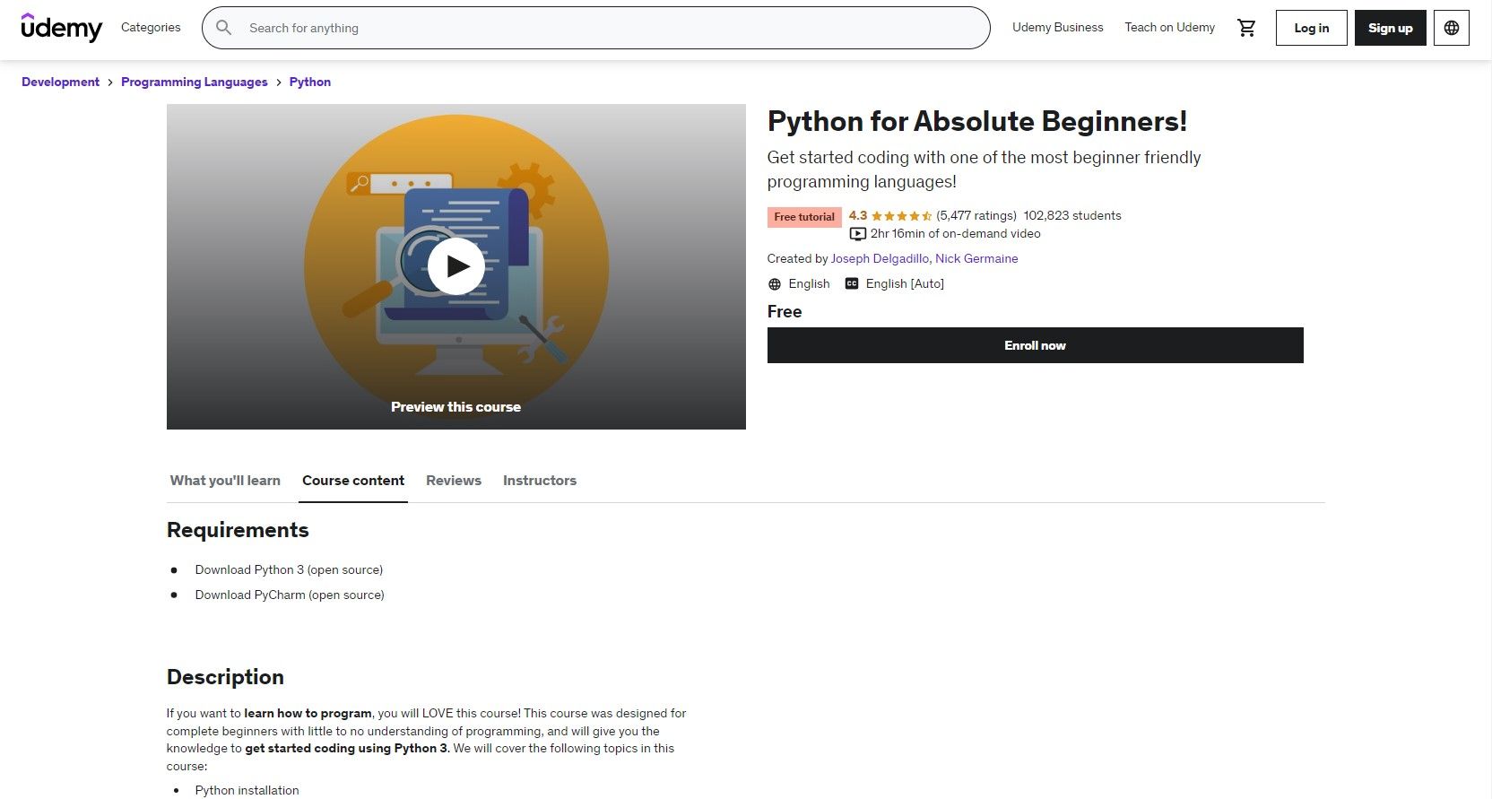 Страница бесплатного курса Python for Absolute Beginners! на Udemy