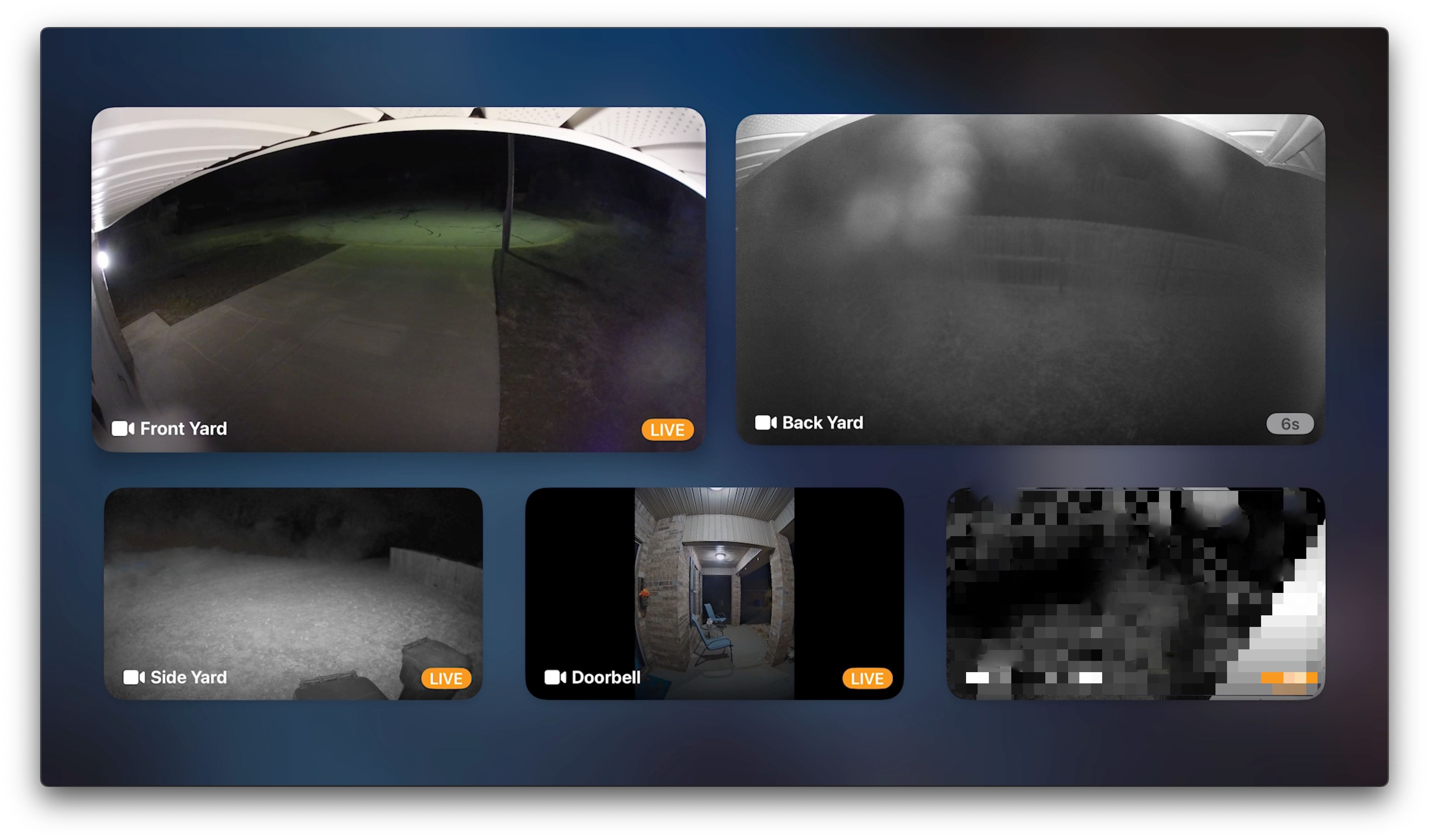 Полноэкранный сеточный вид камер HomeKit на Apple TV.