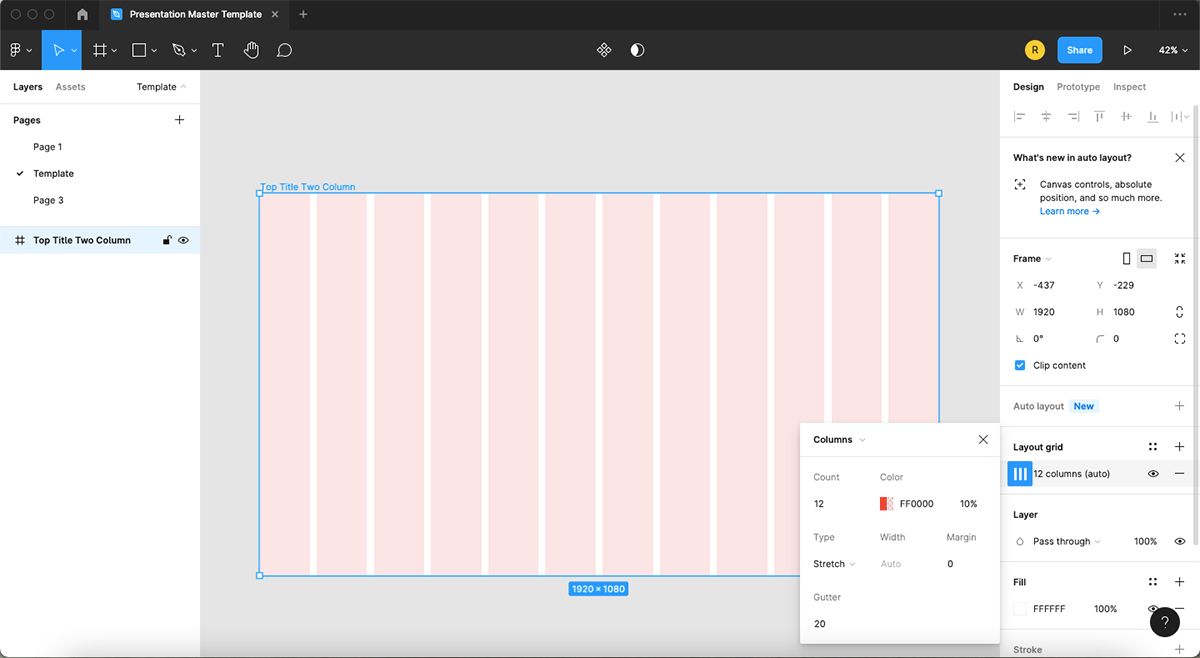 Figma frame with red layout grid on top.