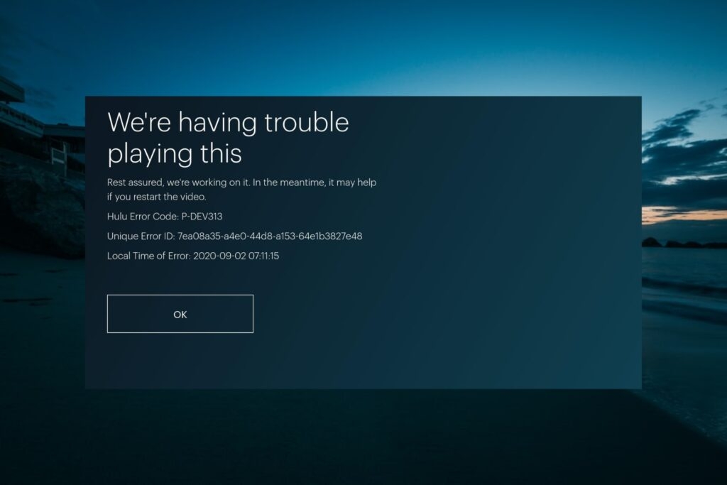 Сообщение об ошибке Hulu P-DEV313 на экране телевизора