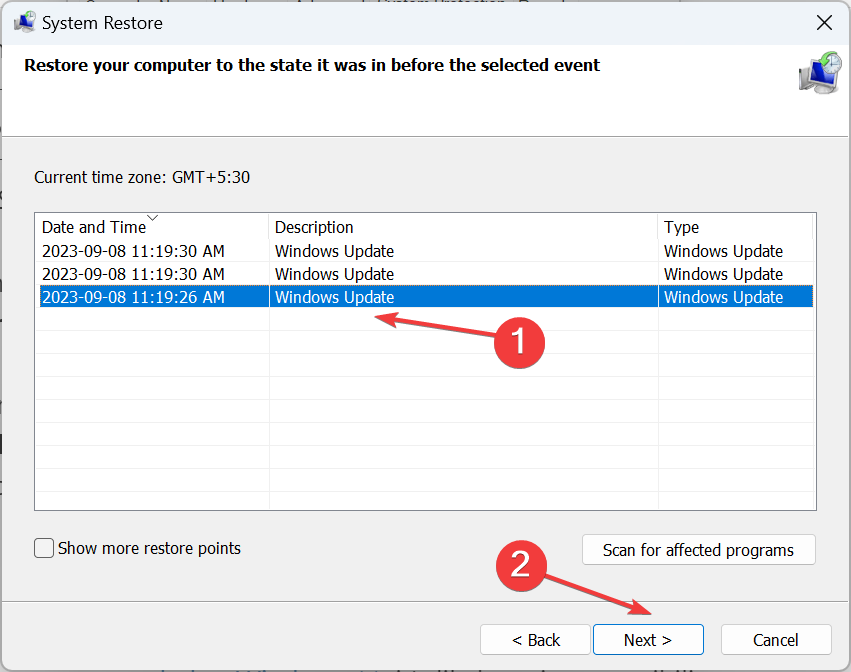 Выбор точки восстановления