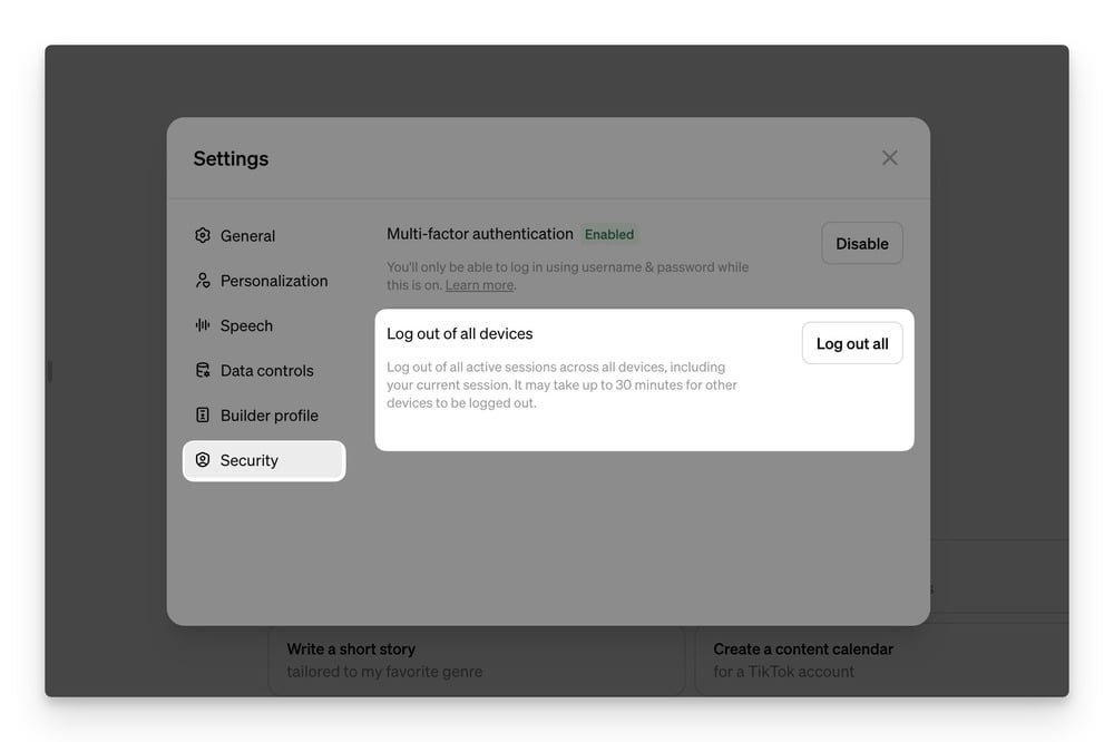 Кнопка «Log out of all devices» в настройках