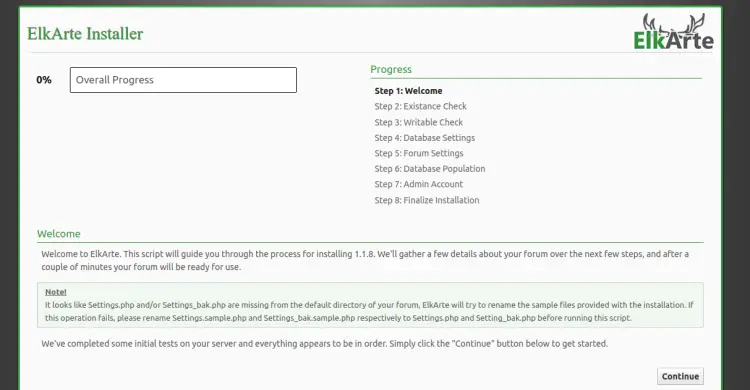 Страница приветствия установщика ElkArte с кнопкой «Continue»