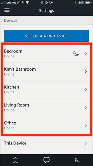Список устройств Echo в приложении Alexa