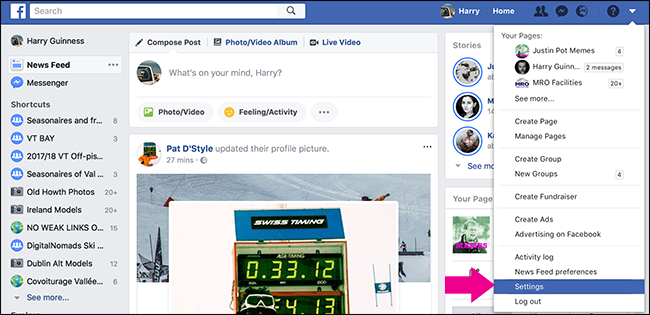 Меню настроек Facebook на вебе